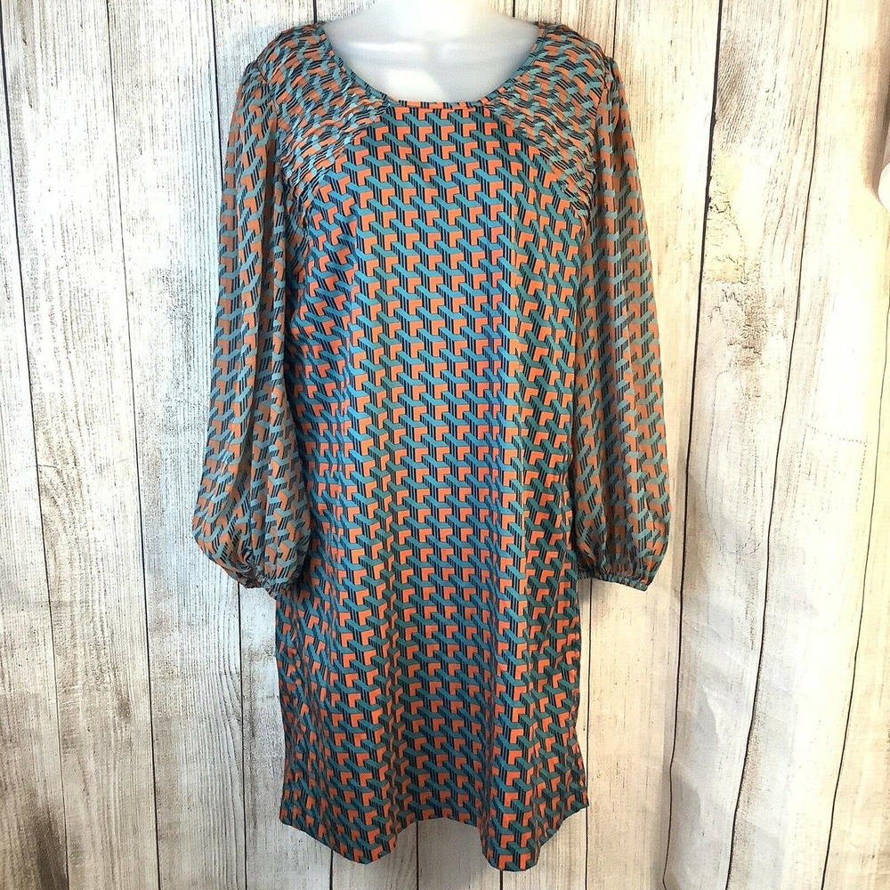 Harper Zoe Womens Dress Size XL Blue Orange Print Long Sheer Sleeves